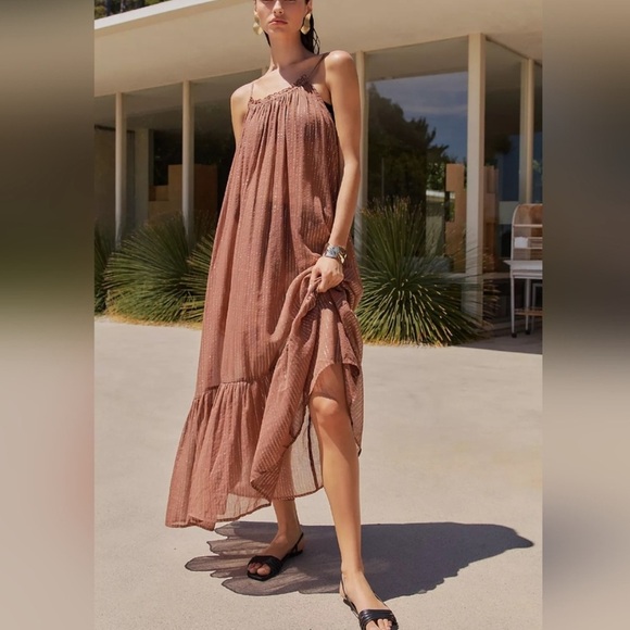 Anthropologie Mailka Relaxed Sundress Chocolate Metallic Malt Resort Wear Maxi M - Picture 2 of 4